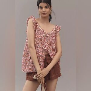 Anthropologie Linen Pintuck Swing Tank